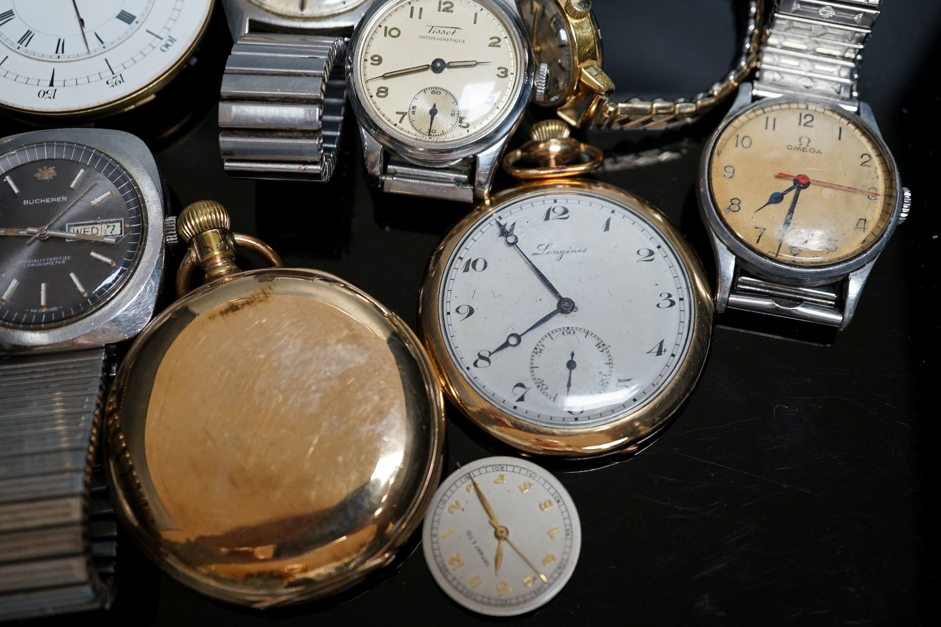 A group of assorted steel or gold plated wrist and pocket watches including six Omega (one military) and one Bucherer watch.